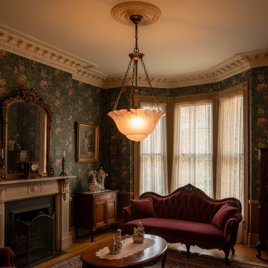 Vintage pink swirl glass ceiling light with scalloped edge hanging in elegant Victorian parlor with ornate details