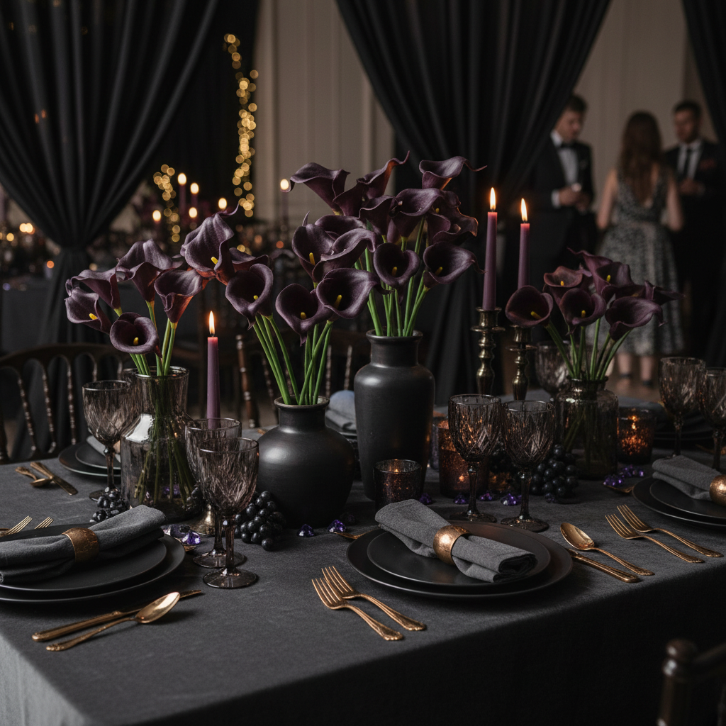 Deep purple eggplant artificial calla lily stems on elegant event table with dark linens, moody wedding tablescape