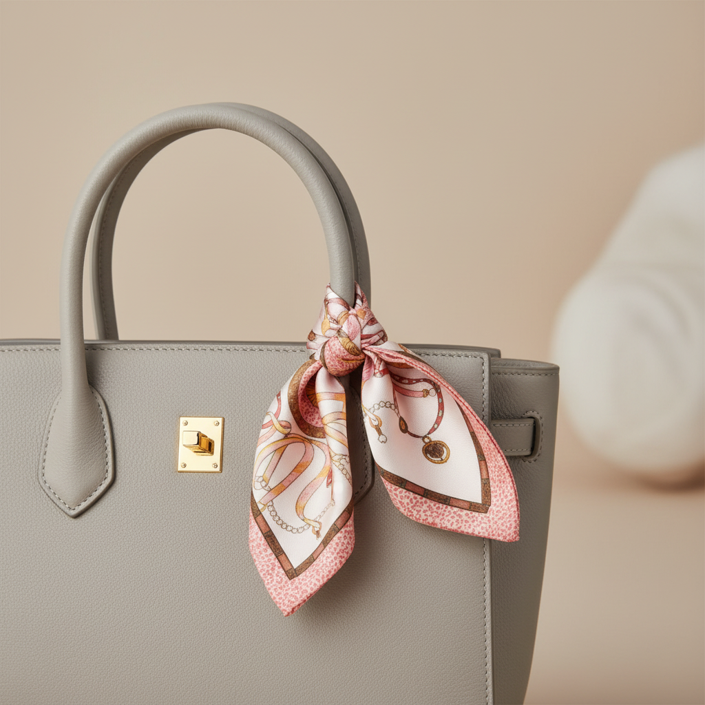 Pink medallion satin scarf tied to handbag as decorative bag charm