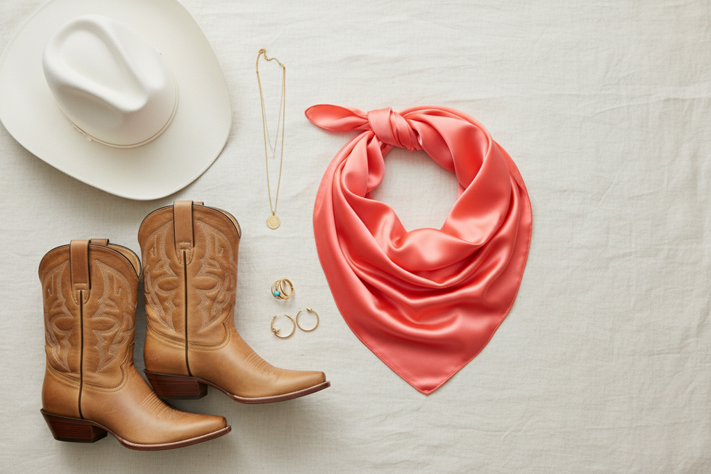 Coral wild rag with white cowboy hat, tan leather boots, and gold jewelry, fresh western styling