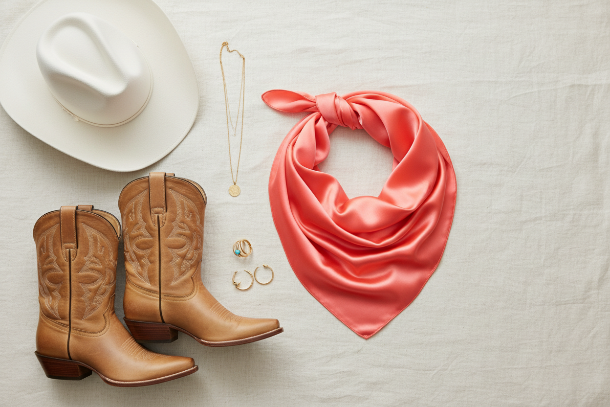 Coral wild rag with white cowboy hat, tan leather boots, and gold jewelry, fresh western styling