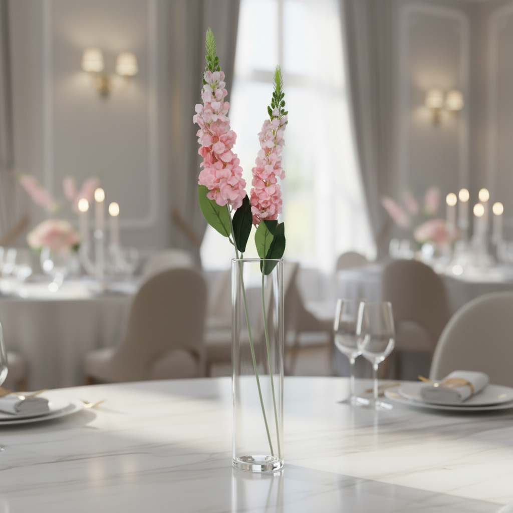 Two artificial blush pink snapdragon stems in tall glass vase wedding centerpiece