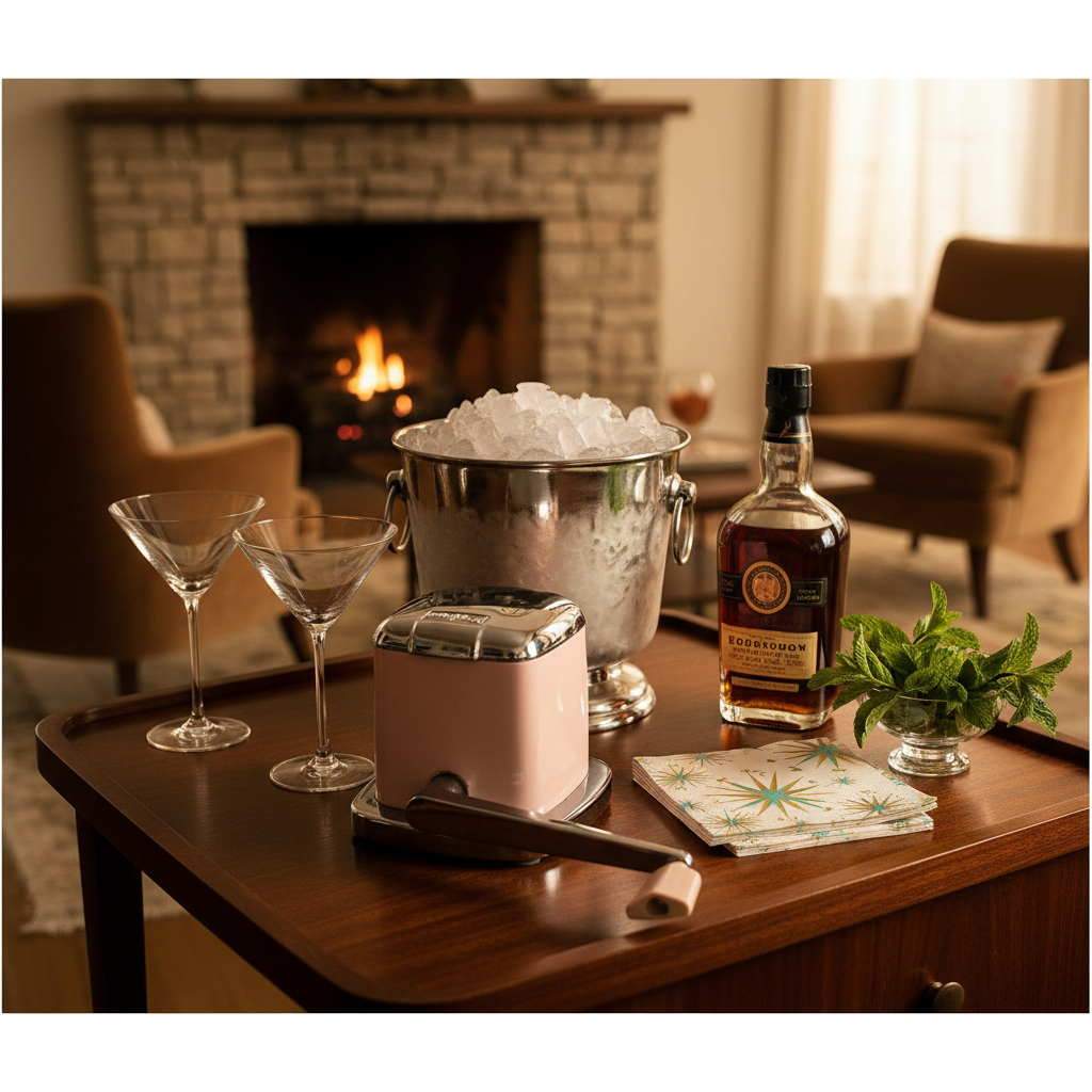 Vintage ice crusher at cocktail party with crushed ice, martini glasses, bourbon bottle, and fresh mint for entertaining