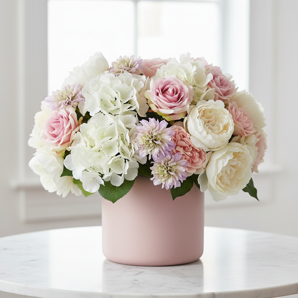 Faux blush lavender dahlia stems with wispy petals nestled in a romantic arrangement with white hydrangea and pale pink roses in a blush pink ceramic vase