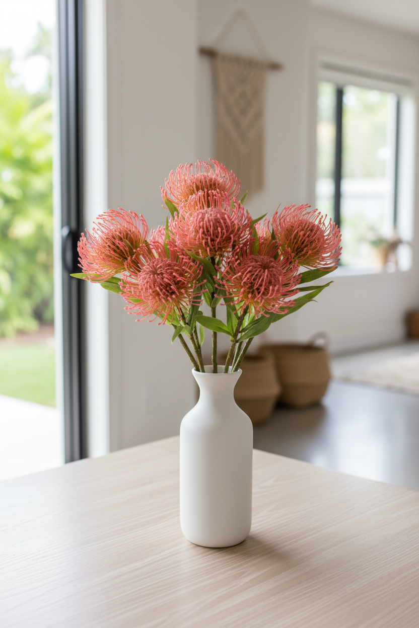 Pink coral pincushion protea stems in modern white ceramic vase on light wood table, tropical modern home decor
