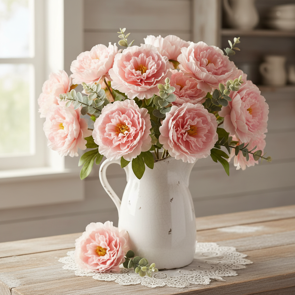 Blush pink peony flower picks arranged in a white distressed ceramic pitcher on shiplap wood surface with lace doily and greenery, farmhouse cottage decor