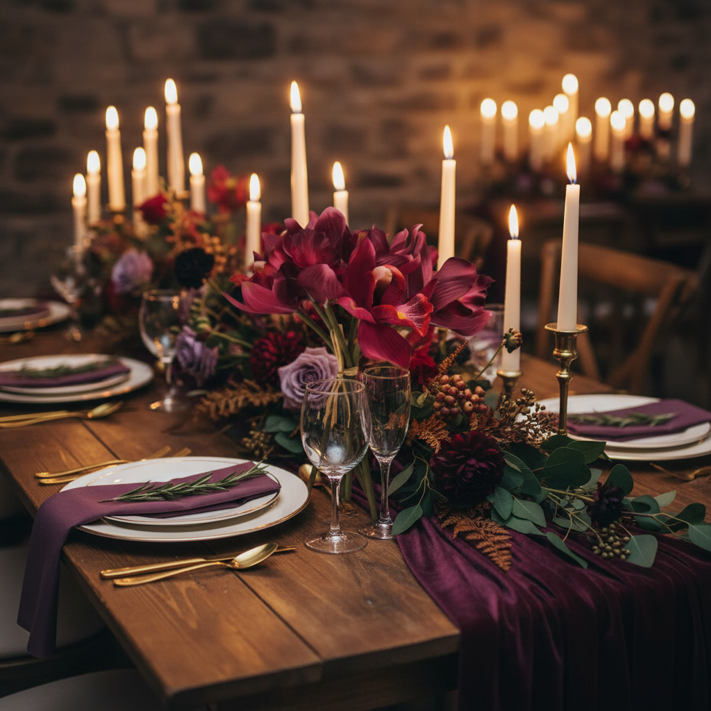Fall wedding tablescape with burgundy orchid stems, gold candles, and jewel tone decor
