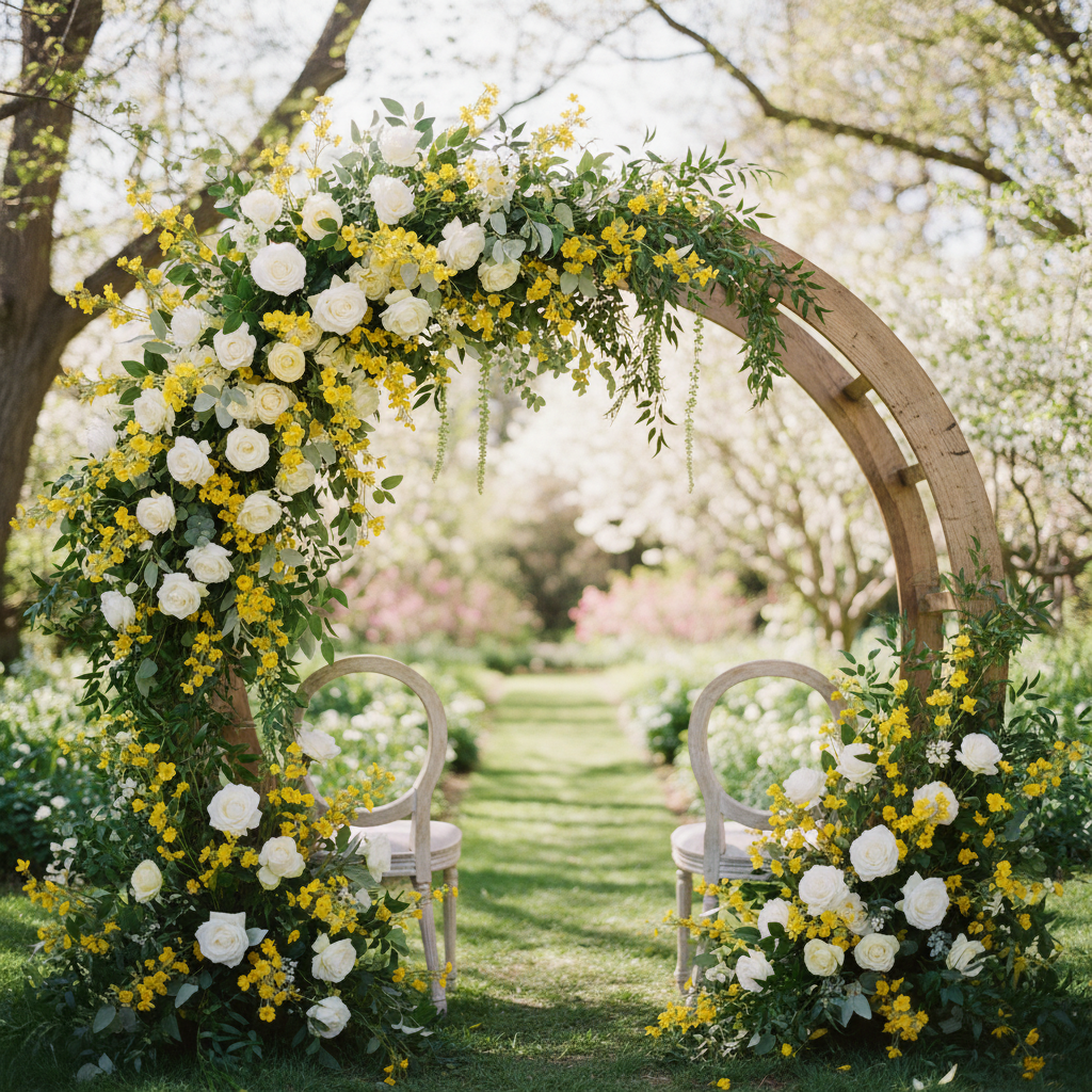 Artificial buttercup yellow dogwood stems woven into spring wedding arch with white roses, yellow ranunculus, and lush greenery