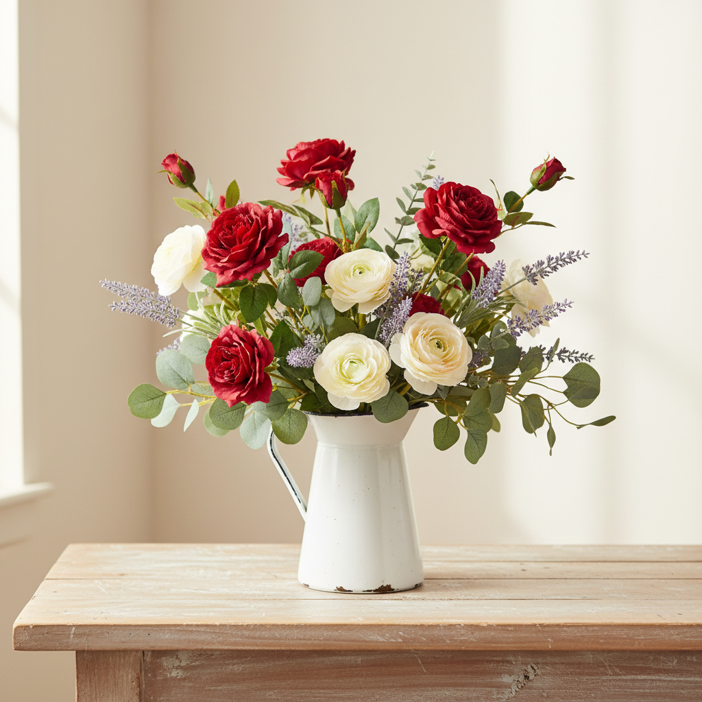 Artificial red garden roses mixed with lavender and cream ranunculus in white farmhouse pitcher on wood table