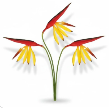 Set of 3 Corkwaw Bird of Paradise artificial stems with red bracts and yellow hanging petals on green stems, white background