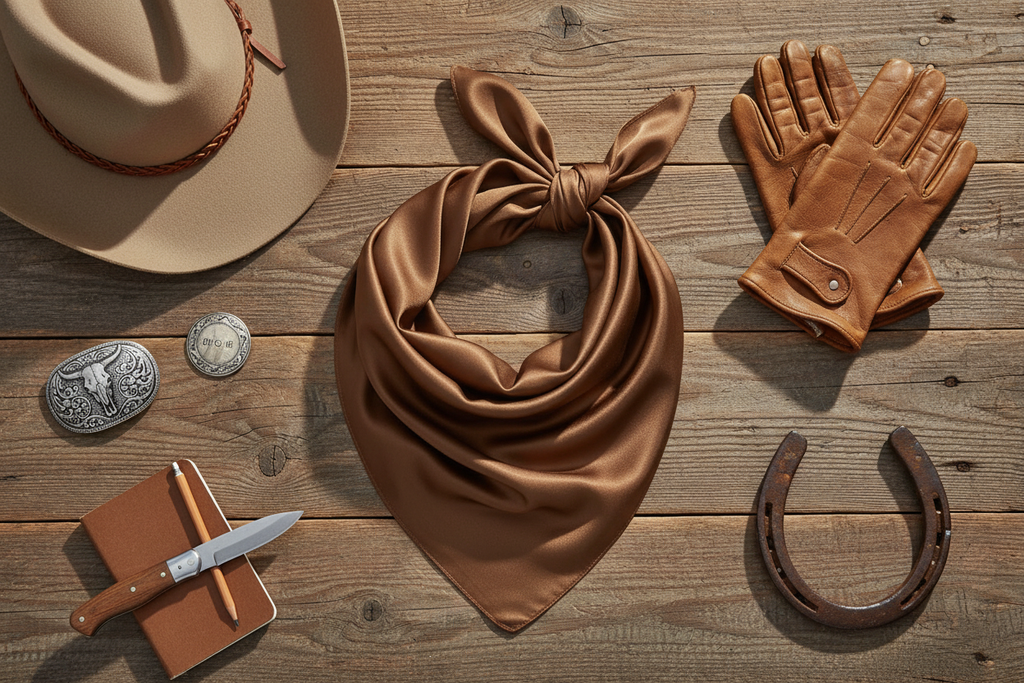 Saddle brown wild rag with tan cowboy hat, brown leather gloves, and western accessories