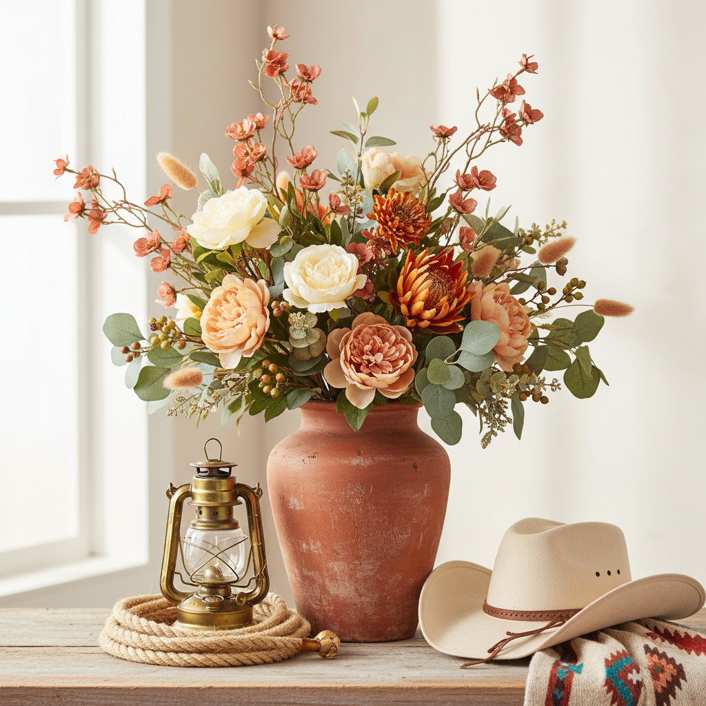 Faux dusty rose mauve dogwood flower stems tucked into a rustic western wildflower arrangement in a terracotta vase with rope coil, vintage lantern, and cowboy hat on weathered wood