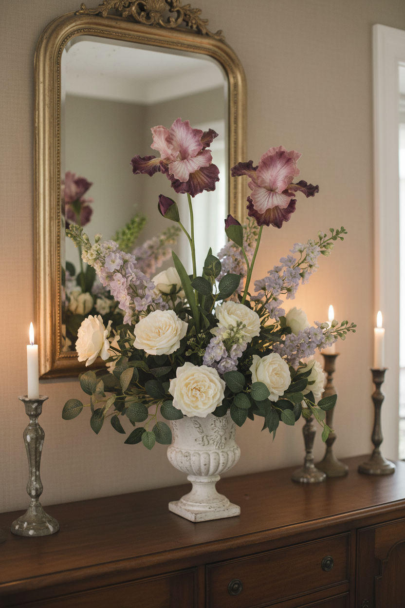 Two blush pink and plum purple real touch iris stems in an antique white urn on a dining room sideboard, paired with ivory roses, lavender larkspur, and Italian ruscus