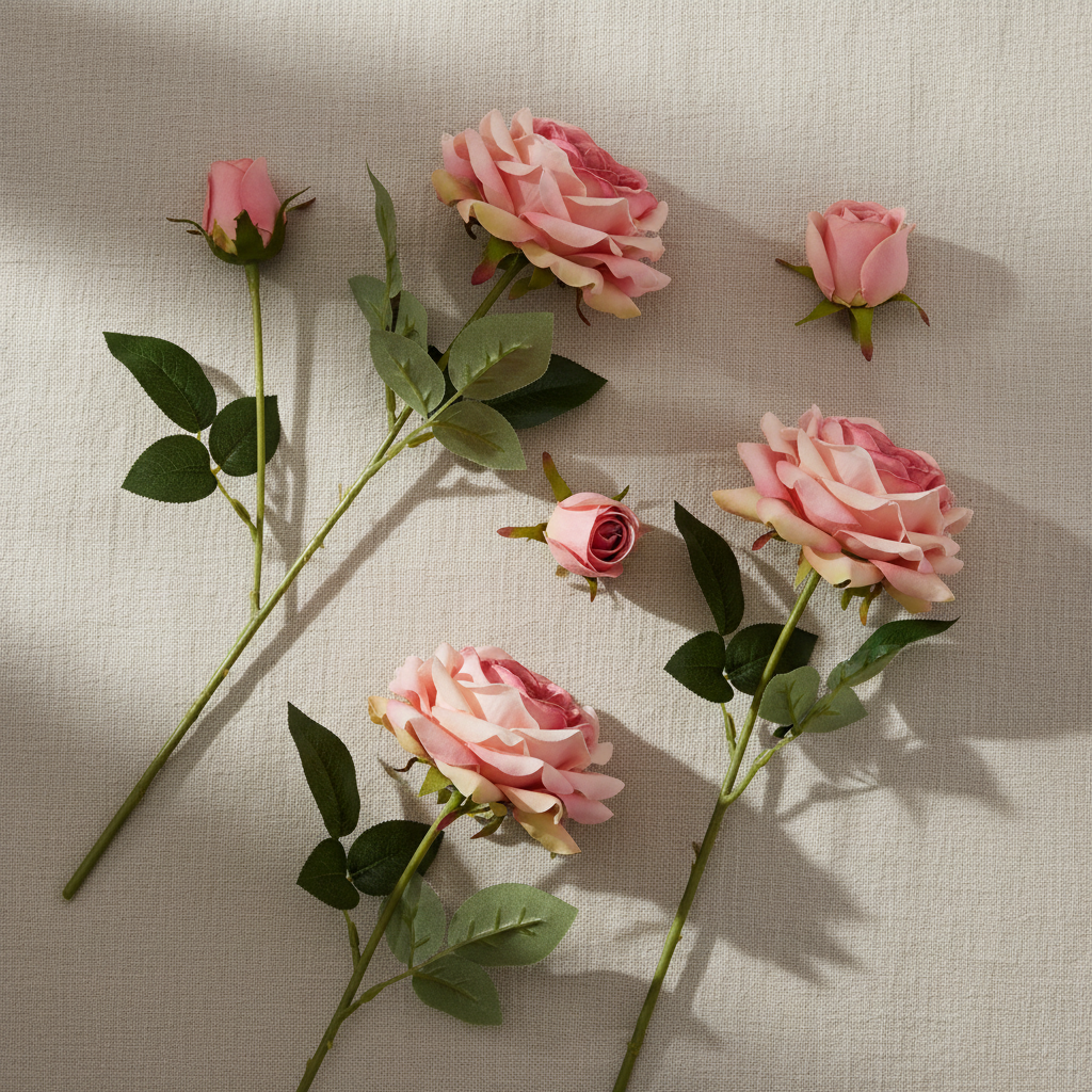 Flatlay of artificial pink rose stems on neutral linen fabric, minimalist editorial style product photography