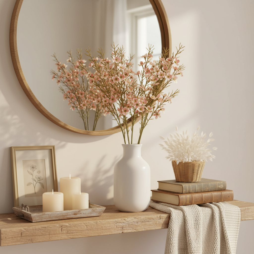 Artificial blush pink dogwood stems in white ceramic vase on rustic farmhouse mantel with candles and neutral decor