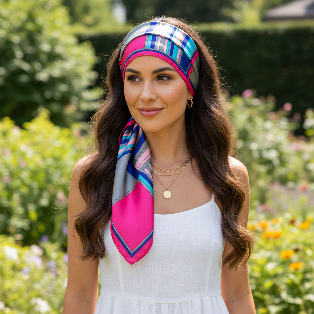 Woman wearing pink stripe satin scarf as headband accessory with hot pink and multicolor stripes