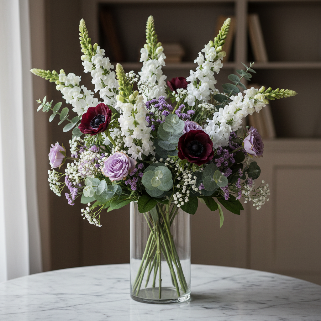 White snapdragon stems with burgundy anemones and lavender in glass vase arrangement