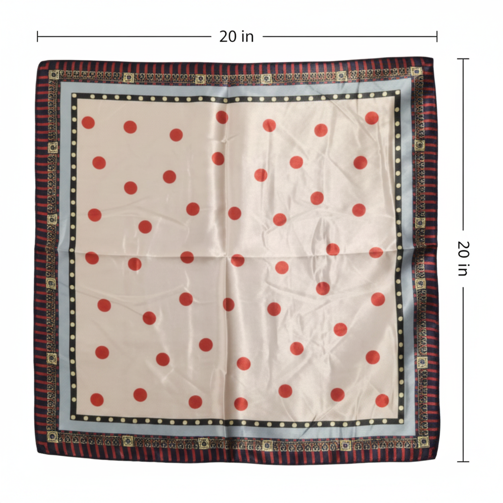 Cream red polka dot satin square scarf size measurement diagram 20 inches width 20 inches height two clean arrow lines white background 20x20