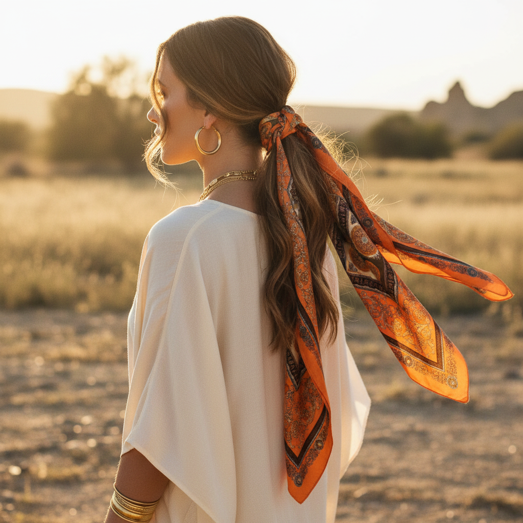 Woman wearing orange and gold Baroque satin square scarf tied around a ponytail as a boho hair wrap – Chic & Effortless style