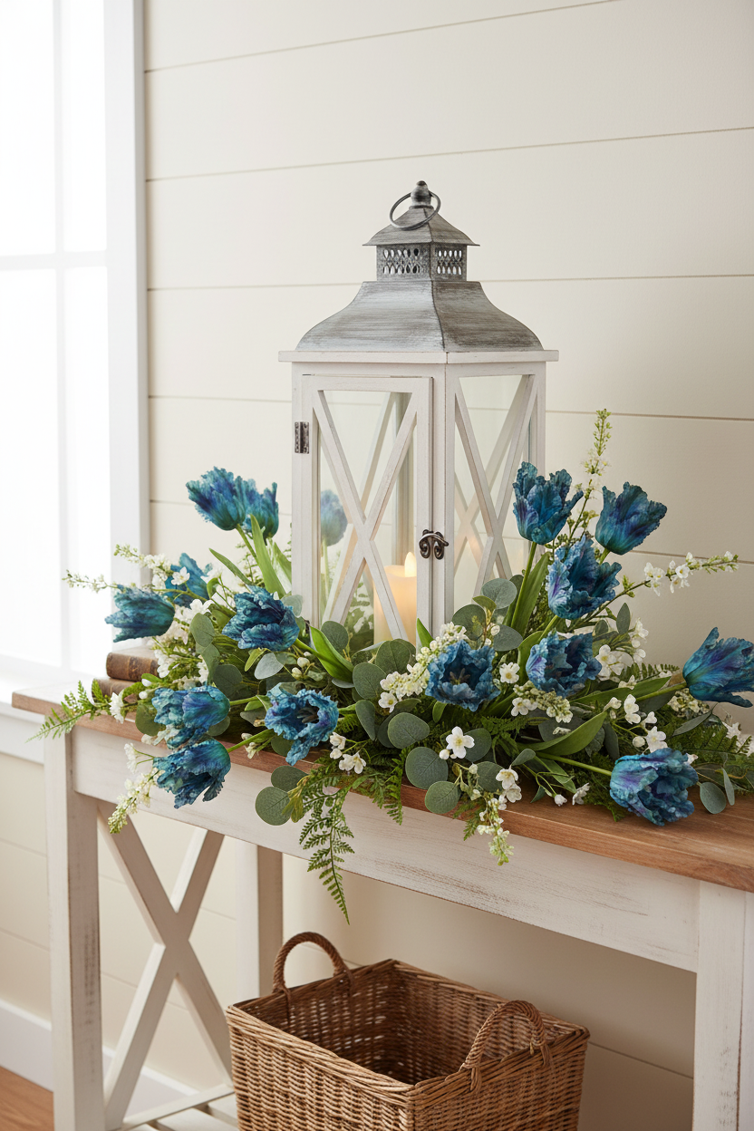 Blue artificial parrot tulip stems with ruffled blue petals arranged around a white lantern centerpiece on a console table, mixed with soft greenery, in a warm farmhouse cottagecore interior