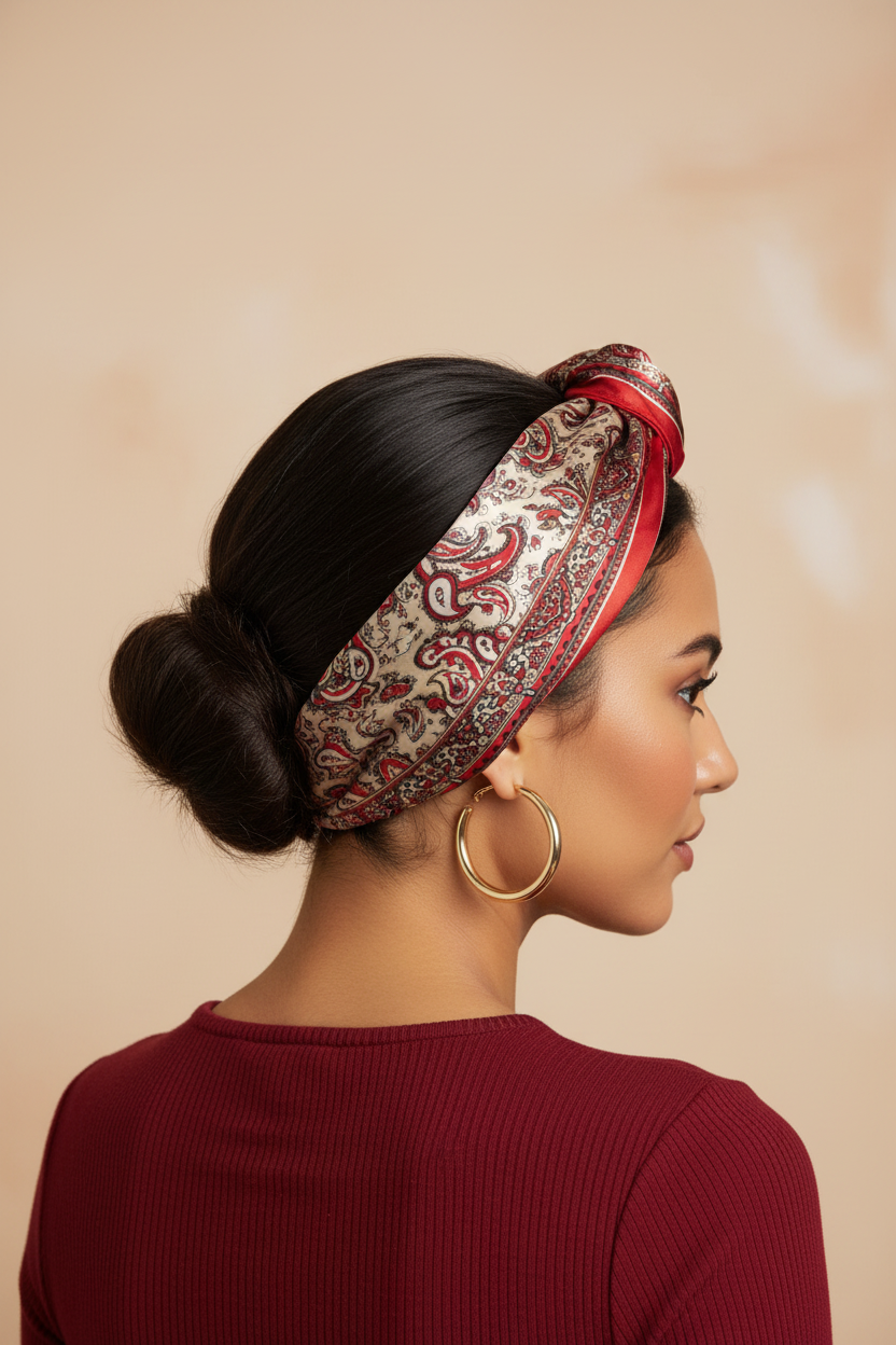 Woman with medium skin dark brown hair updo bun wrap red paisley satin square scarf no bow deep red top gold hoop earrings back side angle 20x20