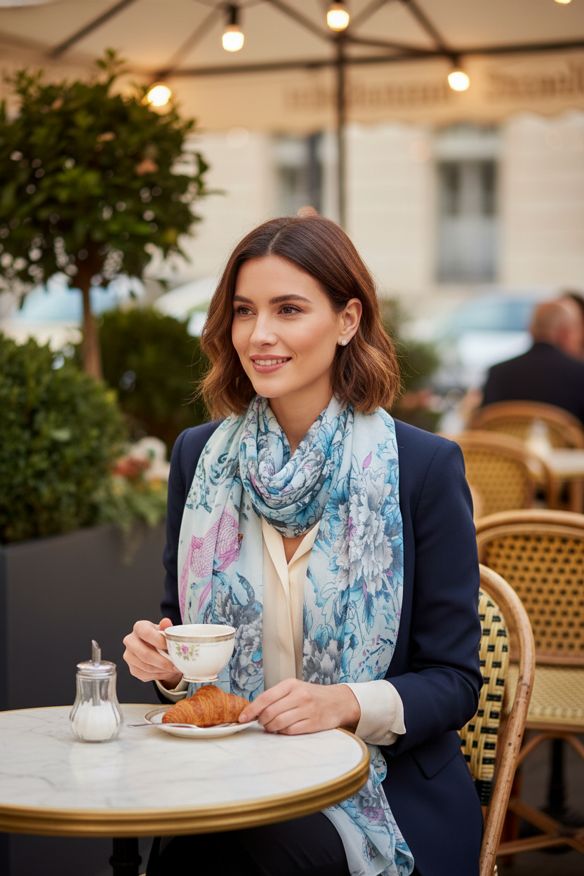 Blue floral bird print scarf styled elegantly at outdoor cafe setting