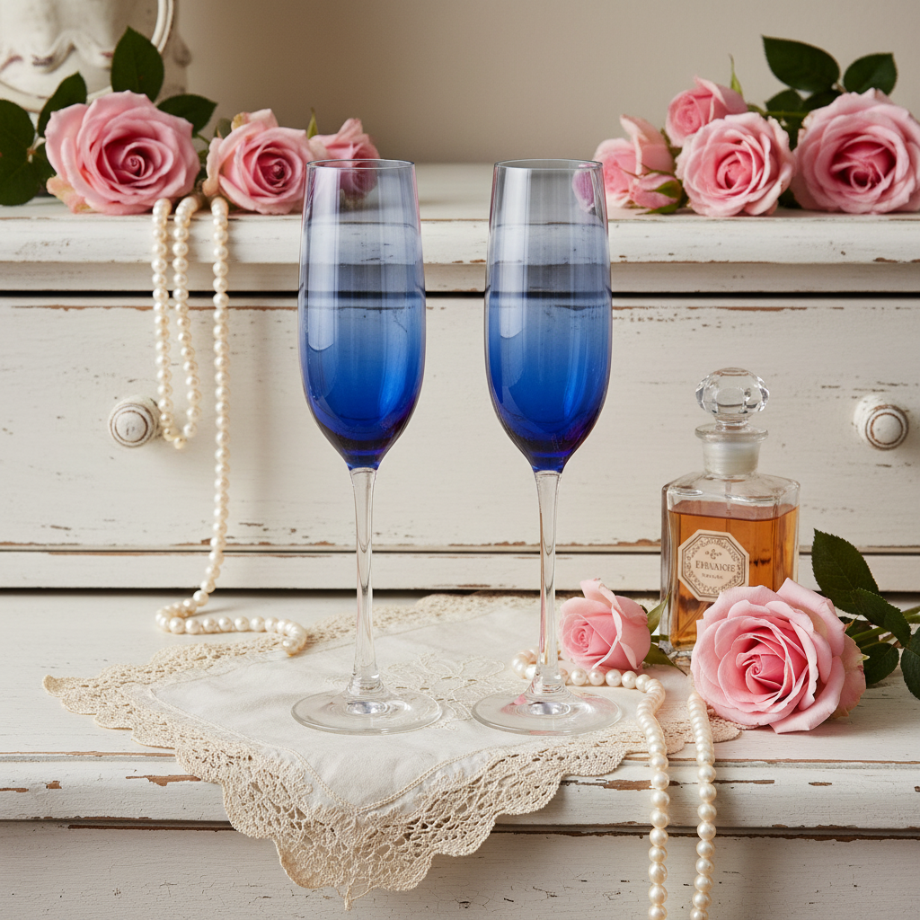 Vintage Libbey Vina blue ombre champagne flutes styled on a distressed white dresser with pink roses, pearl strands, and vintage French perfume bottle in shabby chic decor