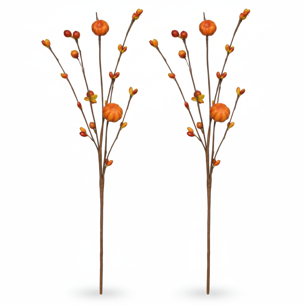 Set of 2 faux fall pumpkin and berry stems on white background - artificial autumn floral pick Thanksgiving decor