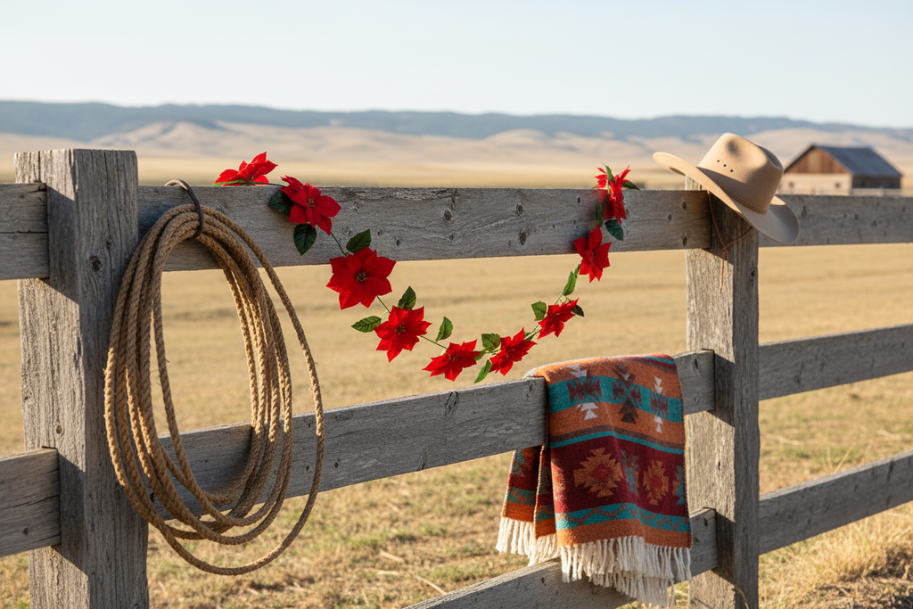 Red velvet poinsettia garland draped along a weathered wood barn fence in a western outdoor setting with rope coil and cowboy hat