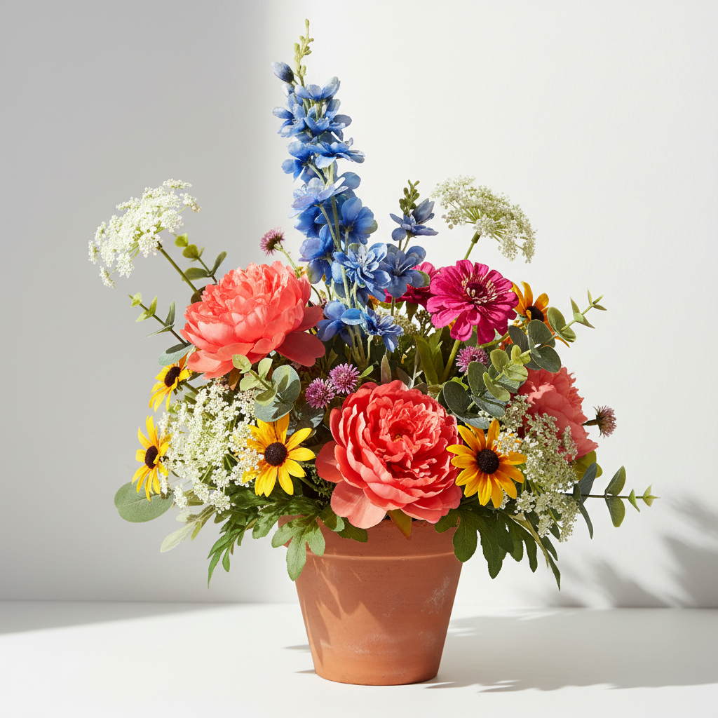 Artificial blue delphinium silk flower stem in a colorful summer wildflower centerpiece in a terracotta pot with coral peonies, yellow black-eyed susans, fuchsia zinnias, and white Queen Anne's lace