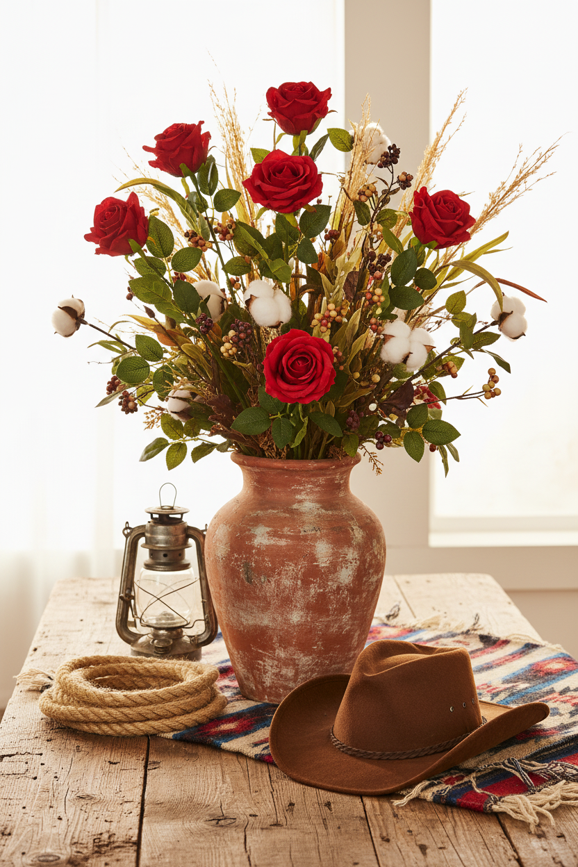 Set of 6 faux red rose stems with tight closed buds arranged in a rustic terracotta vase with western props including rope coil, vintage lantern, and cowboy hat on a weathered wood surface