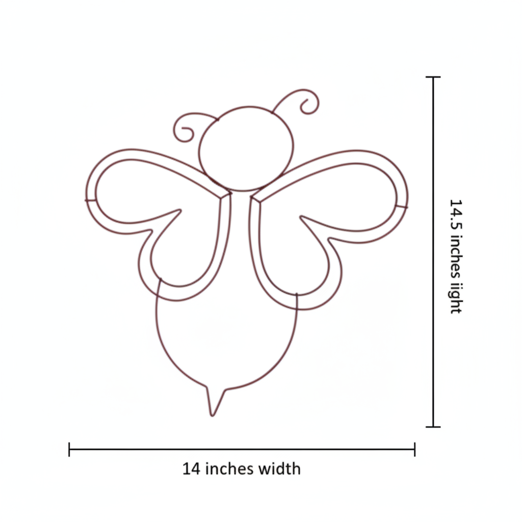 Bee wire wreath frame measurement diagram showing 14.5 inches height and 14 inches width dimensions