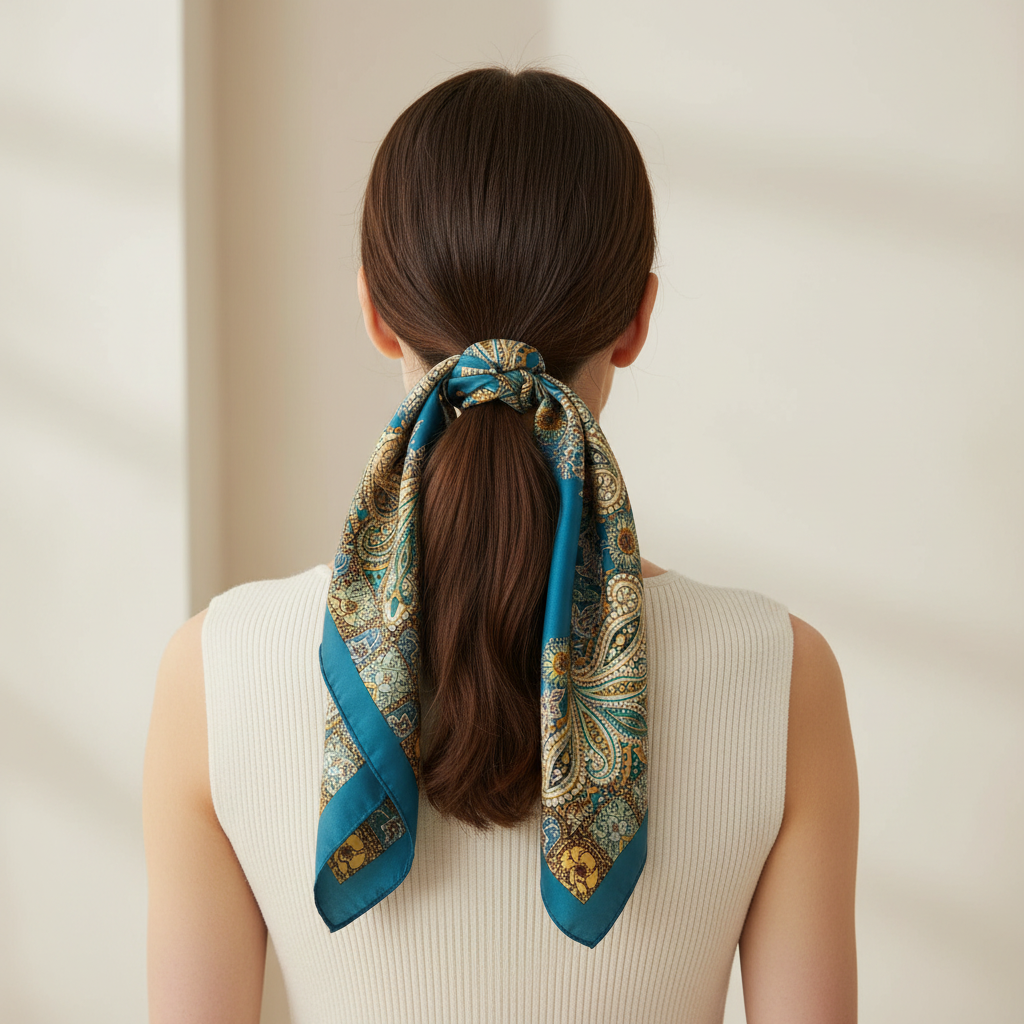 Woman with teal blue gold paisley satin scarf tied around a ponytail as a chic hair wrap accessory