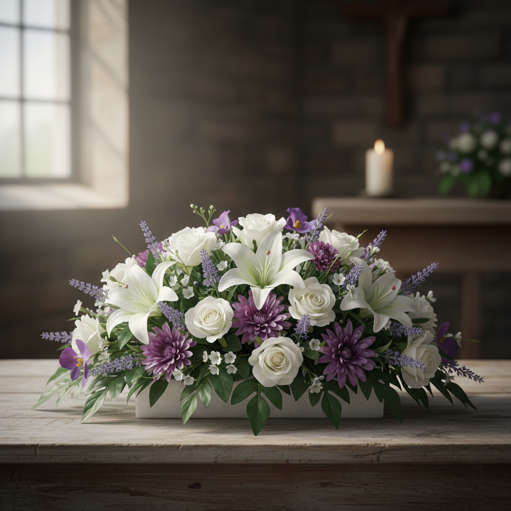 White dry floral foam block used as base for memorial floral tribute arrangement with white and purple artificial flowers