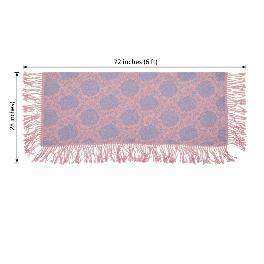 Dusty blue blush pink paisley jacquard fringe scarf shawl measurement diagram showing 72 inch length and 28 inch width