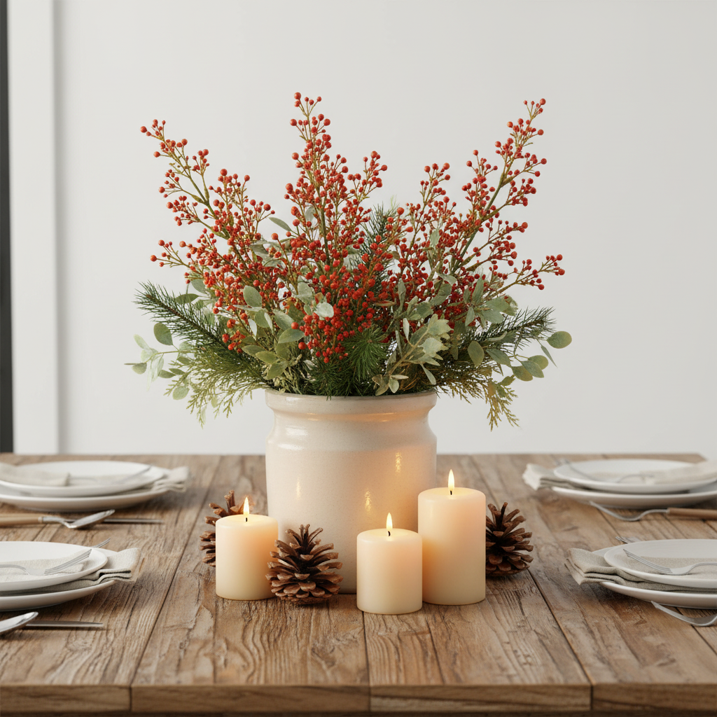 Wispy red berry wax flower sprays with delicate red buds arranged in a cream stoneware crock with pine sprigs, candles, and pinecones on a rustic farmhouse table