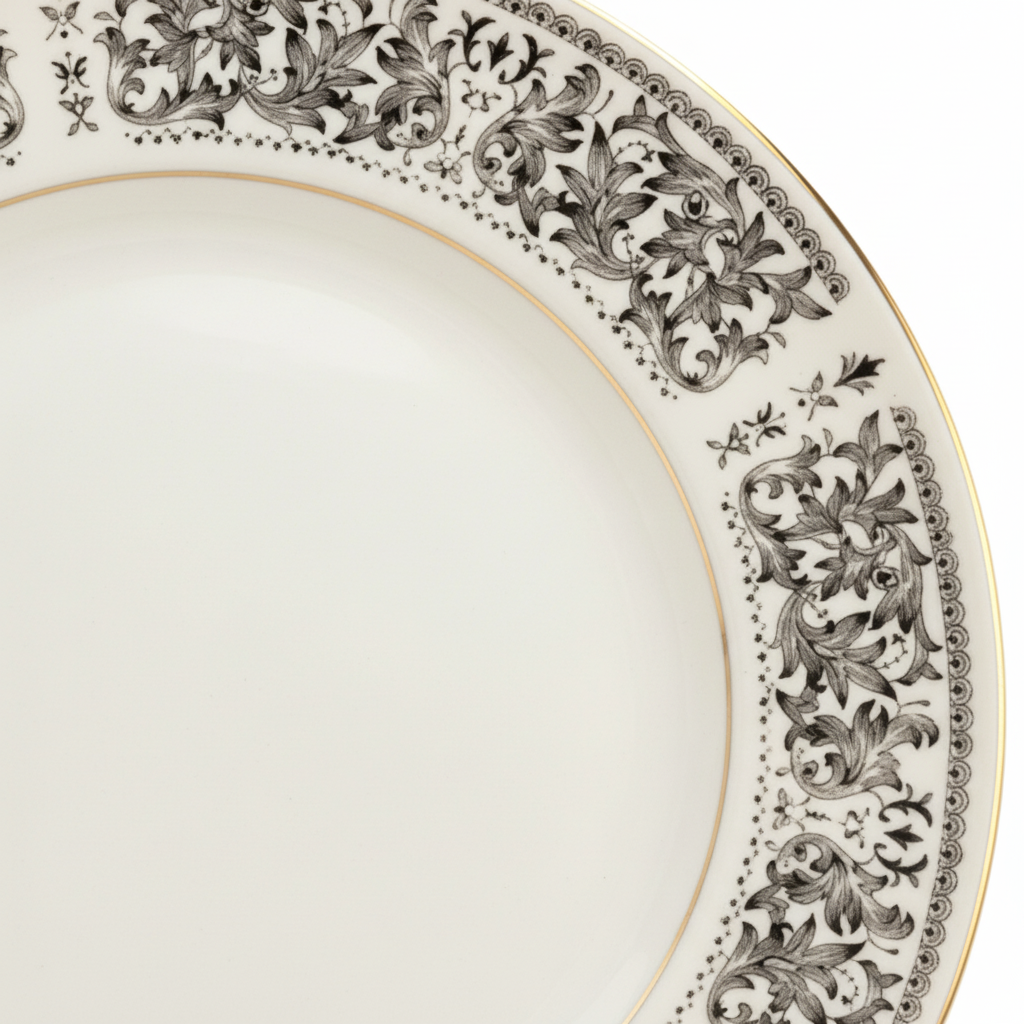 Close-up detail of vintage fine china dinner plate showing intricate black floral pattern border and delicate gold trim