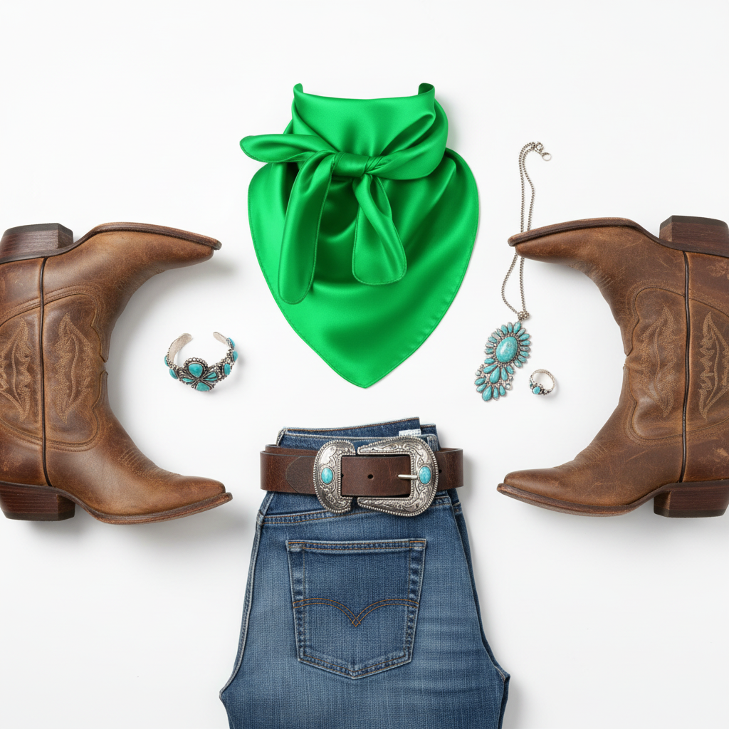 Flat lay of Kelly green wild rag scarf with western accessories including cowboy boots belt and jewelry