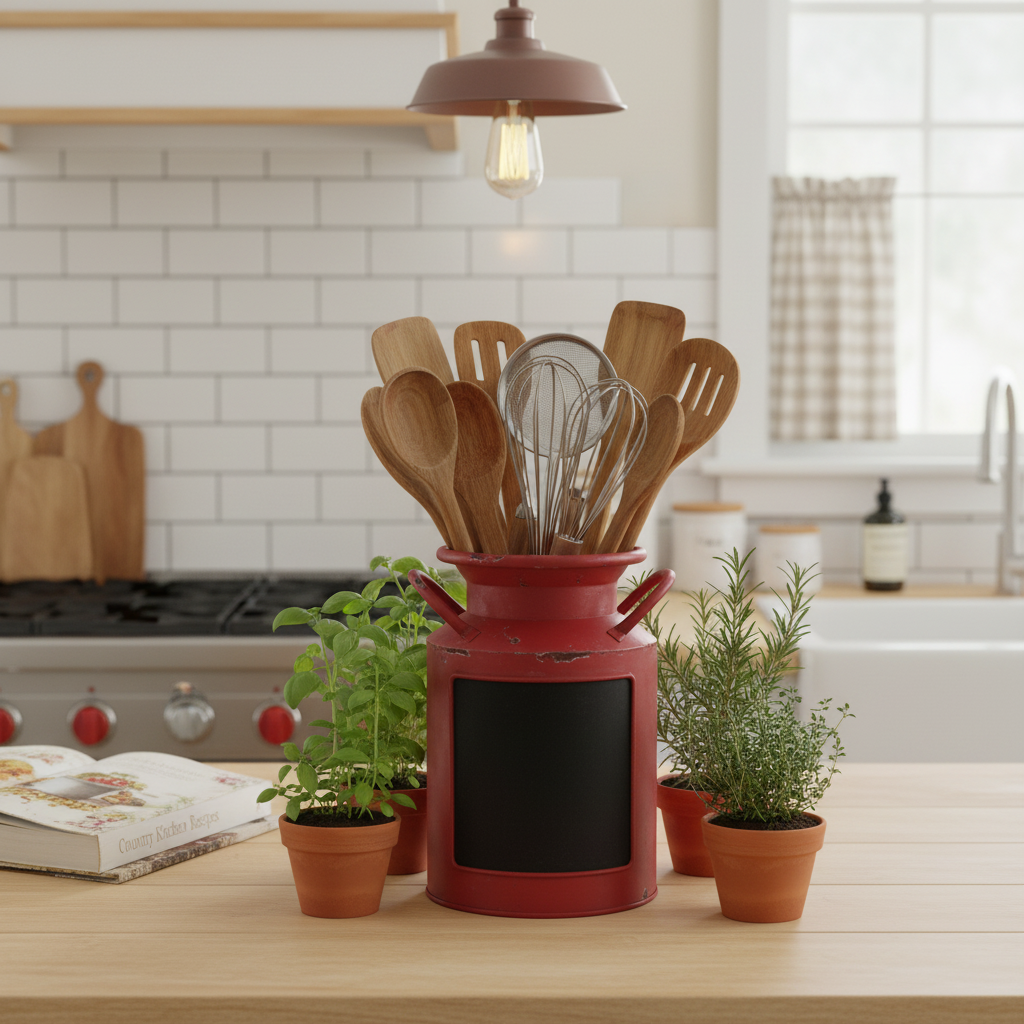 Rustic red metal milk jug used as kitchen utensil holder filled with wooden spoons on farmhouse island with fresh herbs and white subway tile