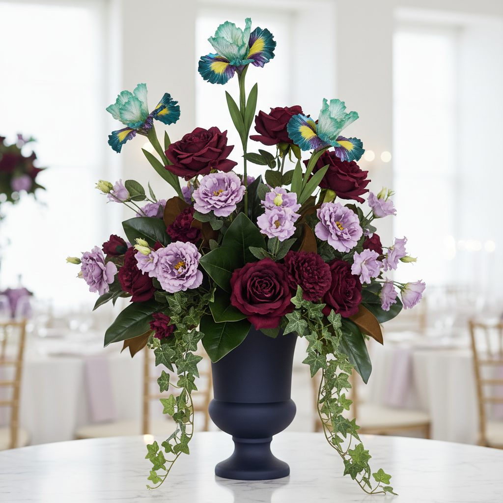 Luxury faux teal purple iris flower stems arranged with deep burgundy roses and lavender lisianthus in a dark urn vase, high-end gala centerpiece artificial flowers