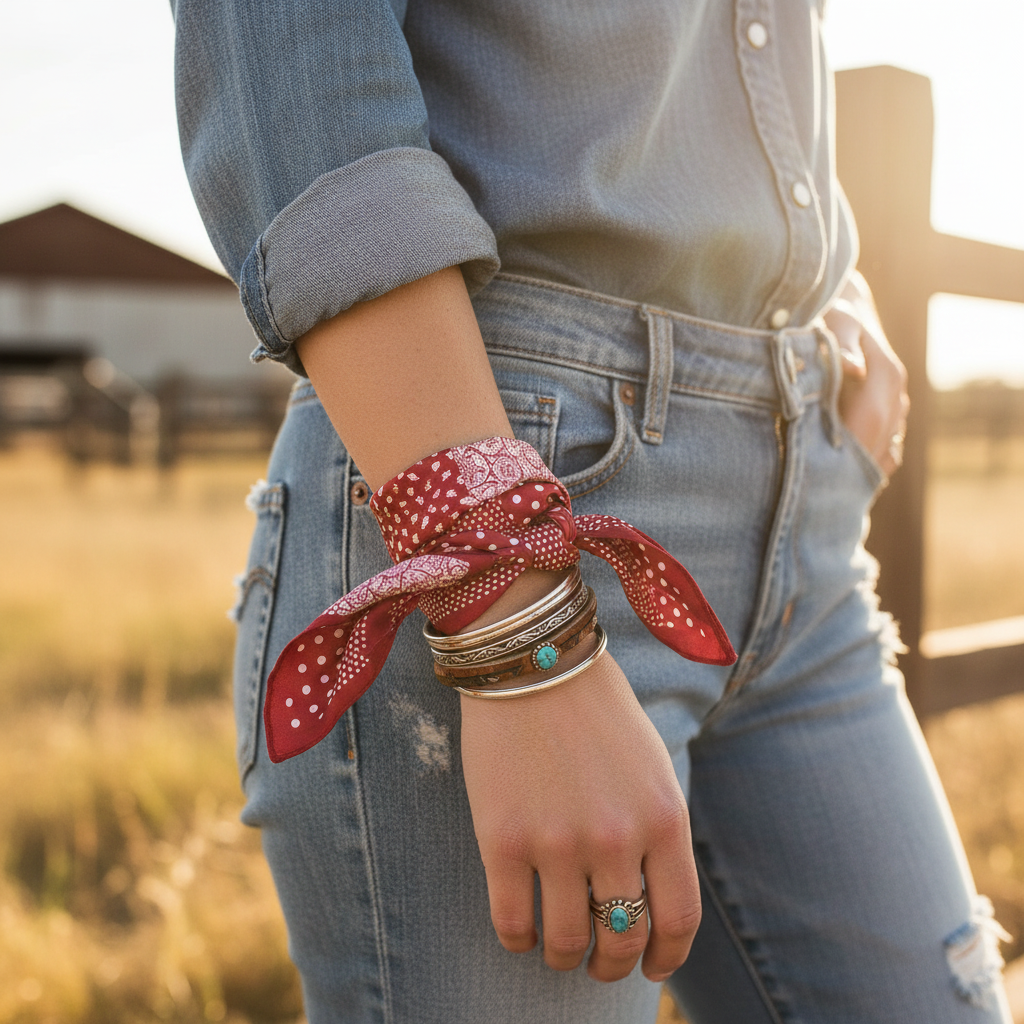 Woman wearing red patchwork satin bandana scarf tied around wrist as bracelet accessory in western casual style