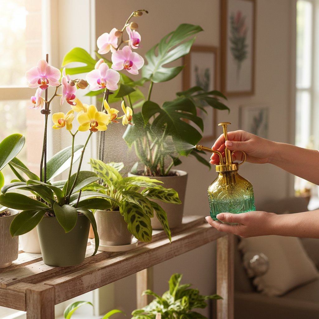 Woman using green yellow gradient glass plant mister with gold pump to mist orchids and tropical houseplants on rustic wooden shelf with botanical decor
