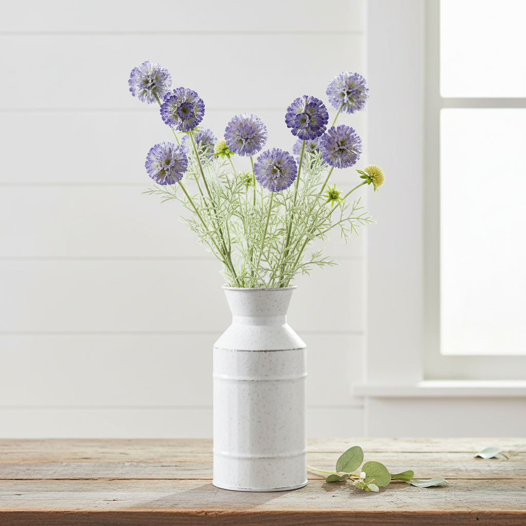 Faux purple blue scabiosa wildflower stems in a white farmhouse vase on rustic wood planks with soft neutral shiplap wall background