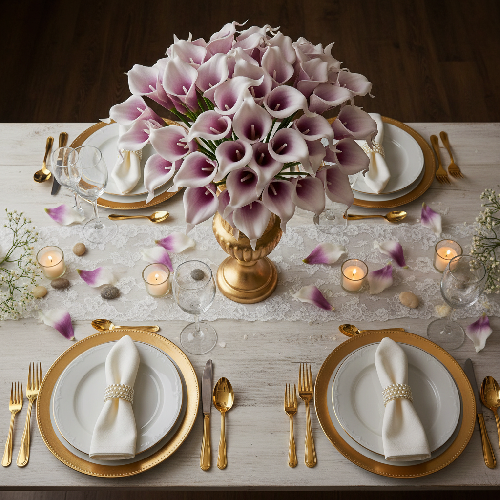 Elegant wedding reception table centerpiece featuring lavender calla lily stems in gold vase with candlelight