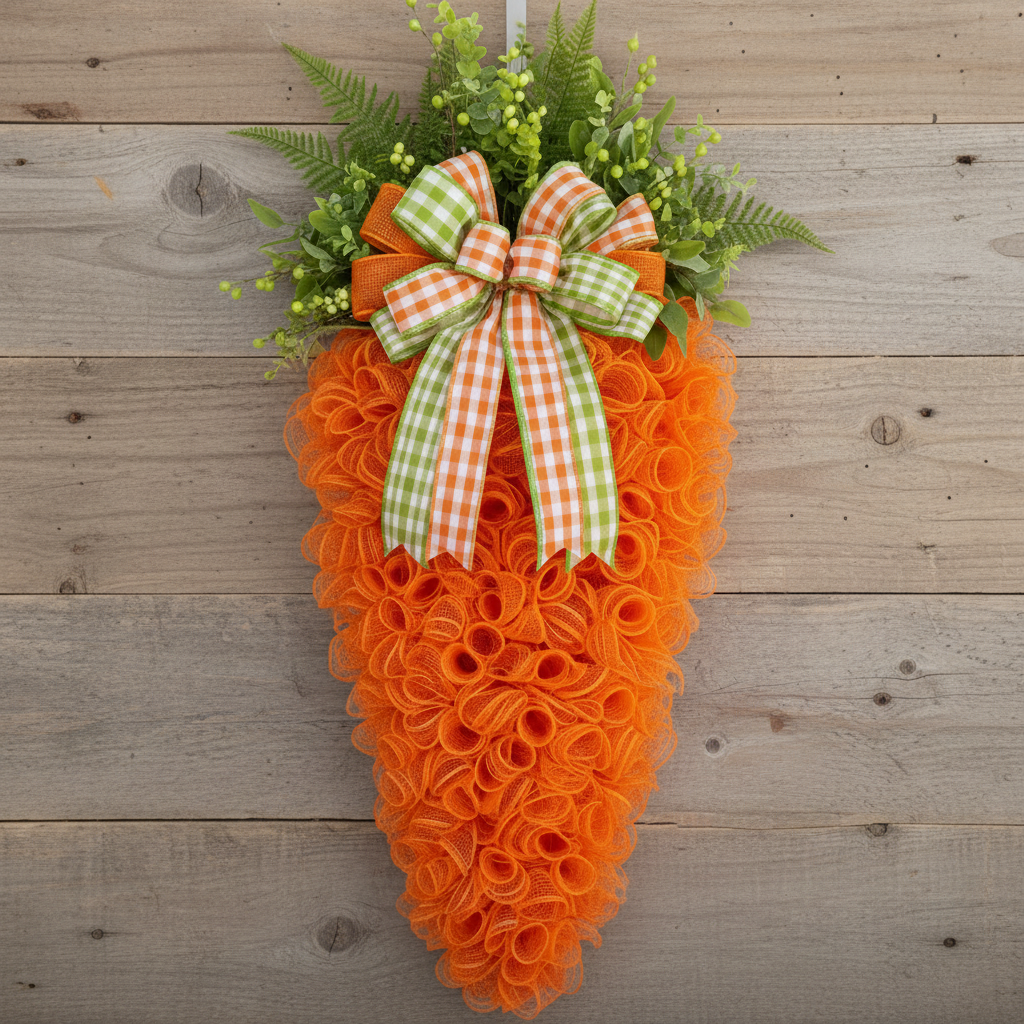 Orange carrot wreath decorated with deco mesh and plaid bow on white farmhouse door - Easter spring decoration