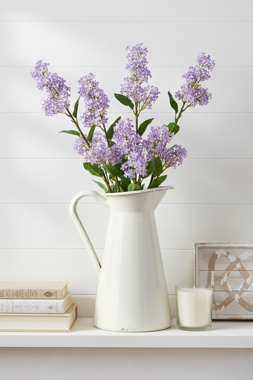 Artificial purple lilac-look stems in vintage white pitcher on white shiplap farmhouse wall shelf with cottage accessories