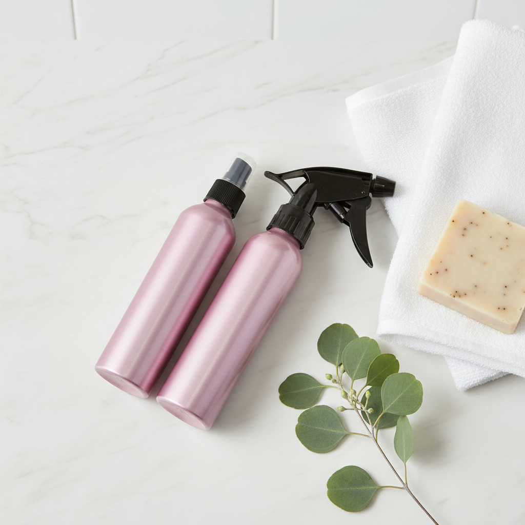 Both rosy mauve metallic pink aluminum spray and pump bottles flat lay with white towels artisan soap and eucalyptus, laundry room styling