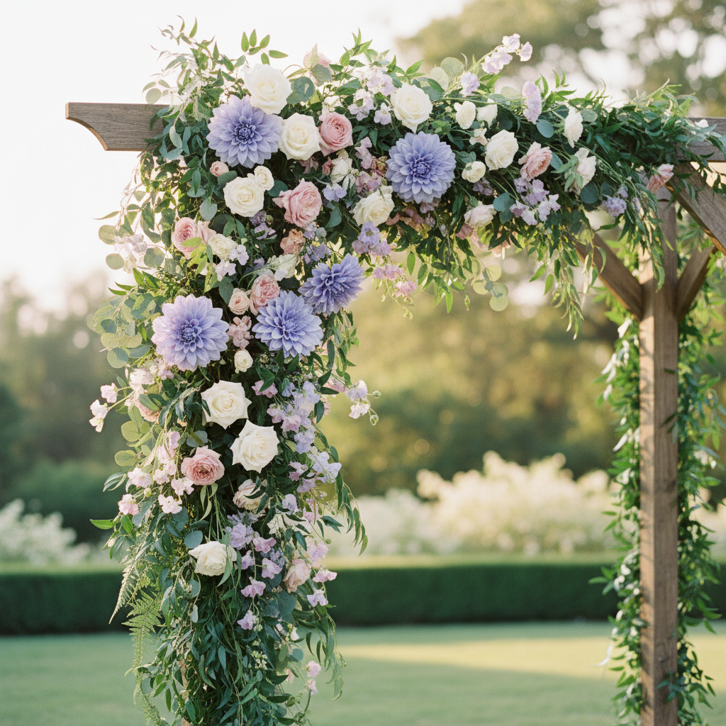 Outdoor wedding arch decorated with periwinkle lavender blue dahlia blooms, white roses, sweet peas and trailing greenery