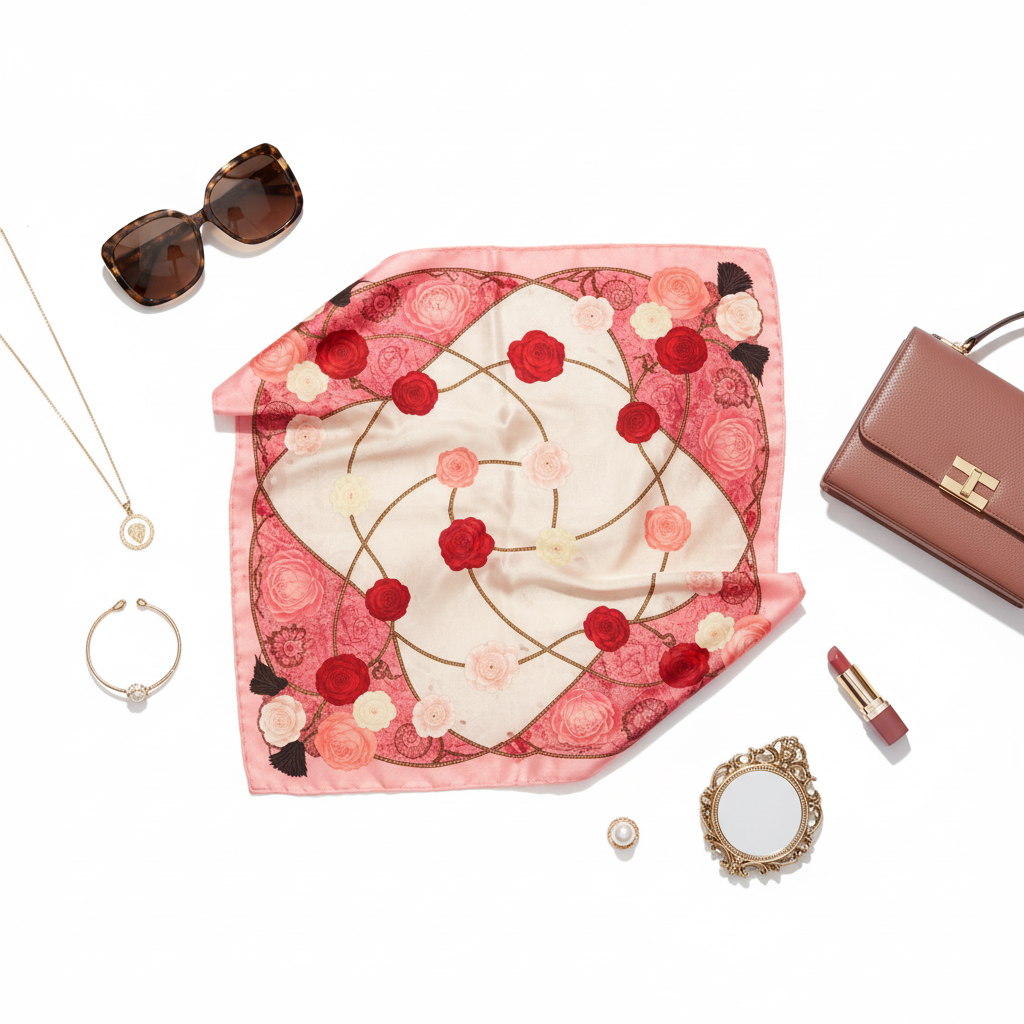 Flat lay of red rose floral scarf with fashion accessories on white background