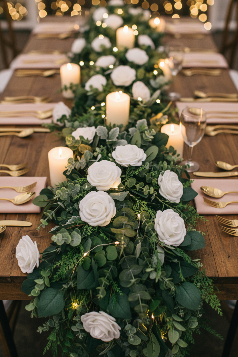 White foam rose heads nestled in a eucalyptus and greenery wedding table runner with white pillar candles and gold flatware on a rustic reception table
